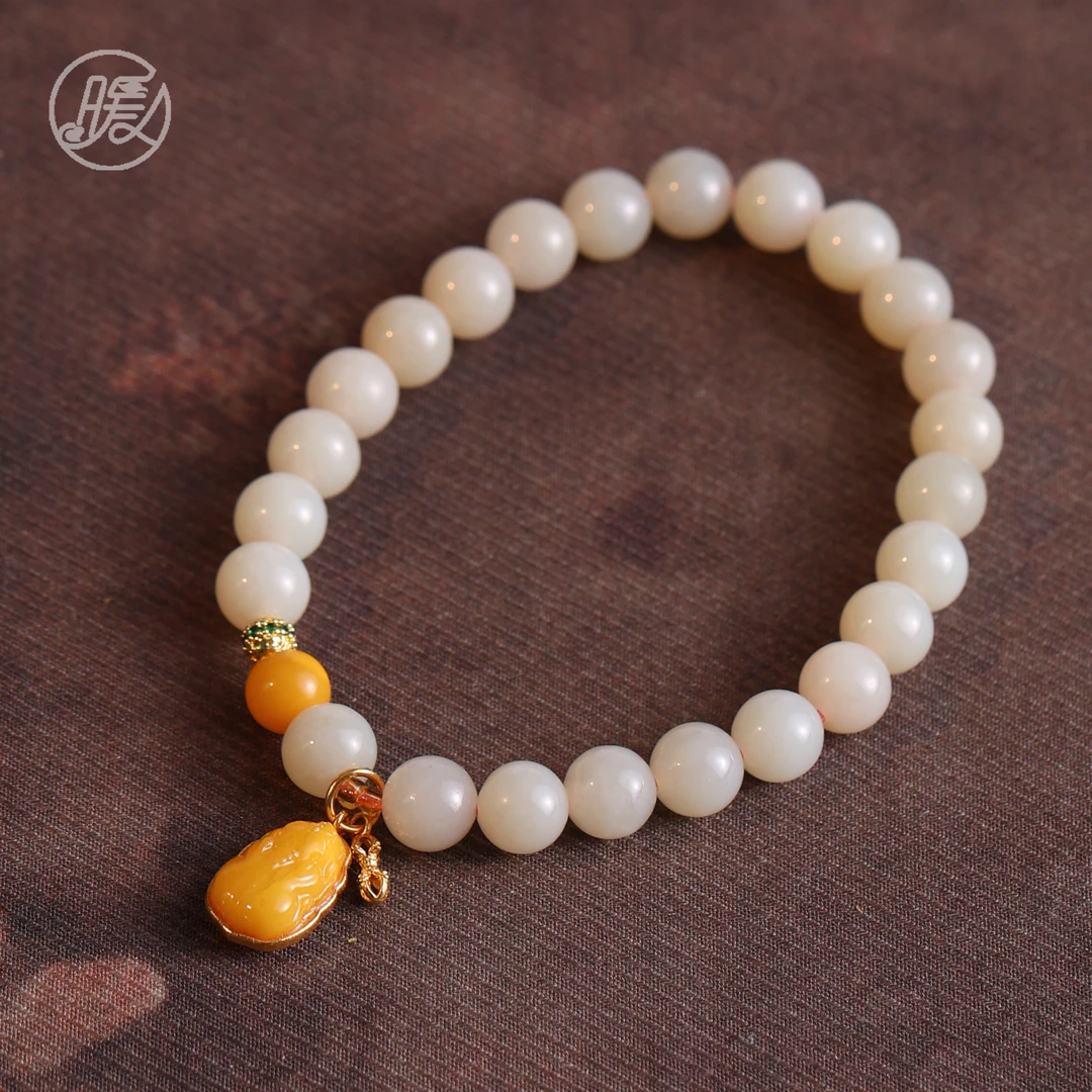 单圈和田玉手串7mm搭配蜜蜡貔貅吊坠手链A6938多样性发一
