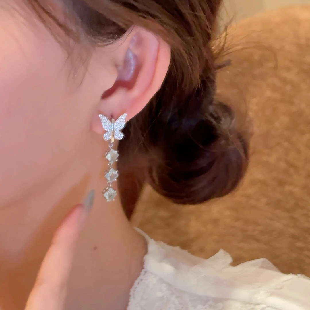 铜合金合成锆石耳饰 原创设计师款蝴蝶流苏耳扣长款耳饰52号