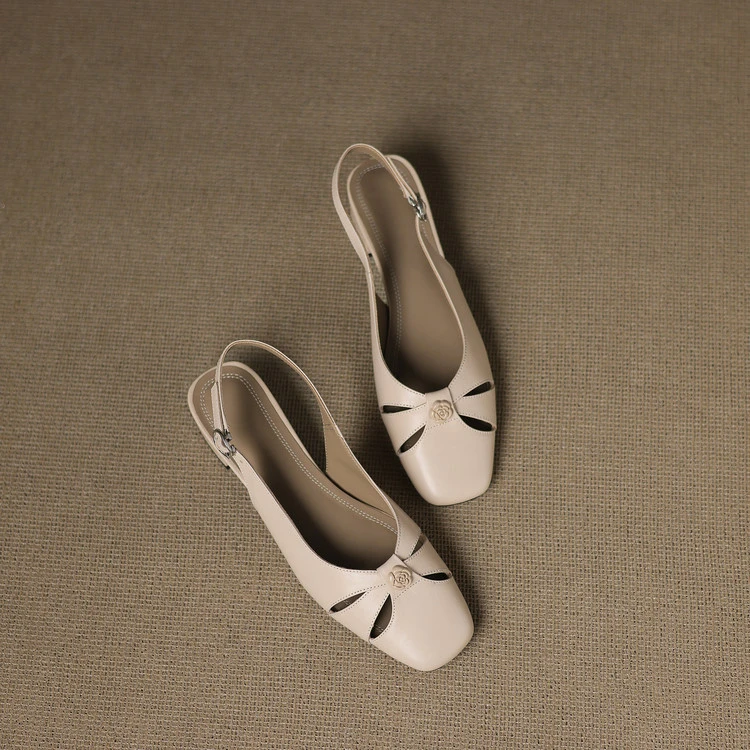 JY/2CM低跟头层牛皮单鞋女夏季韩版粗跟镂空一字扣带凉鞋薄款方头