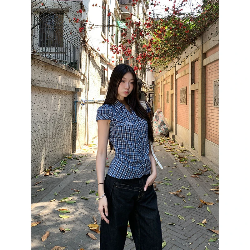 withmin凉皮 减龄日记 学院风显瘦蓝格纹复古修身短袖衬衫2522897