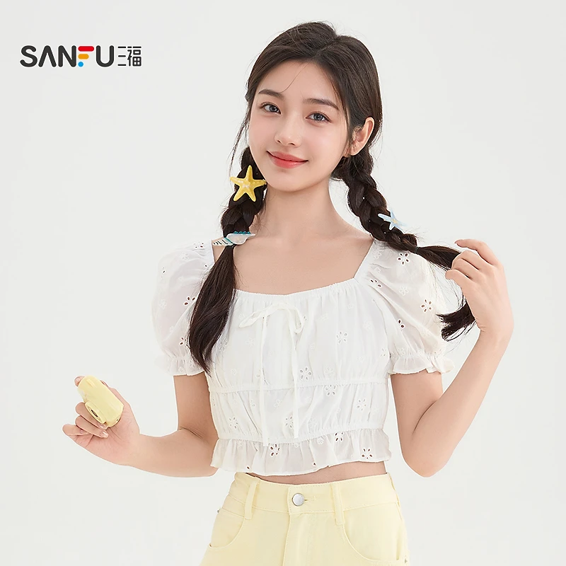 三福短衬衫2025夏季绑带领口泡泡袖时尚甜美上衣女装503870