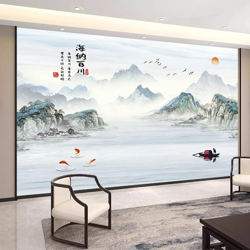 客厅自粘新中式山水风景装饰贴画墙贴办公室沙发背景墙面墙纸贴纸
