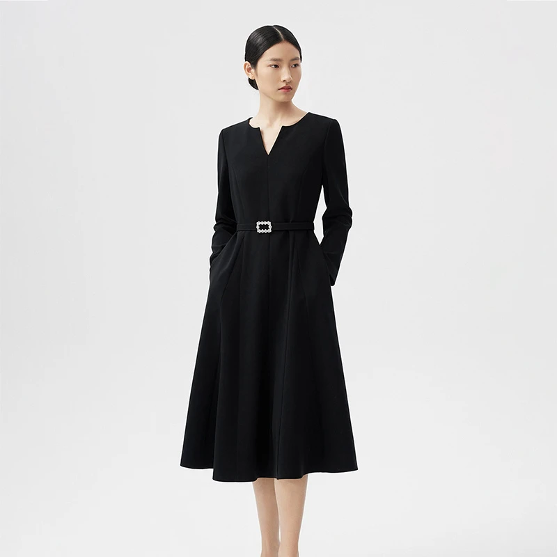 LANCY/朗姿春季新款V领收腰醋酸连衣裙女长袖法式