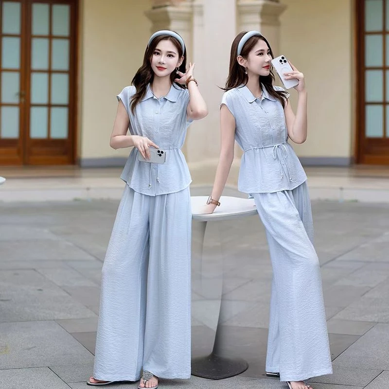 收腰衬衫+阔腿裤两件套女2025夏季新款时尚洋气减龄气质显瘦套裤