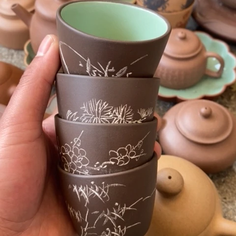 紫砂茶壶梅兰竹菊绿釉杯80-100cc