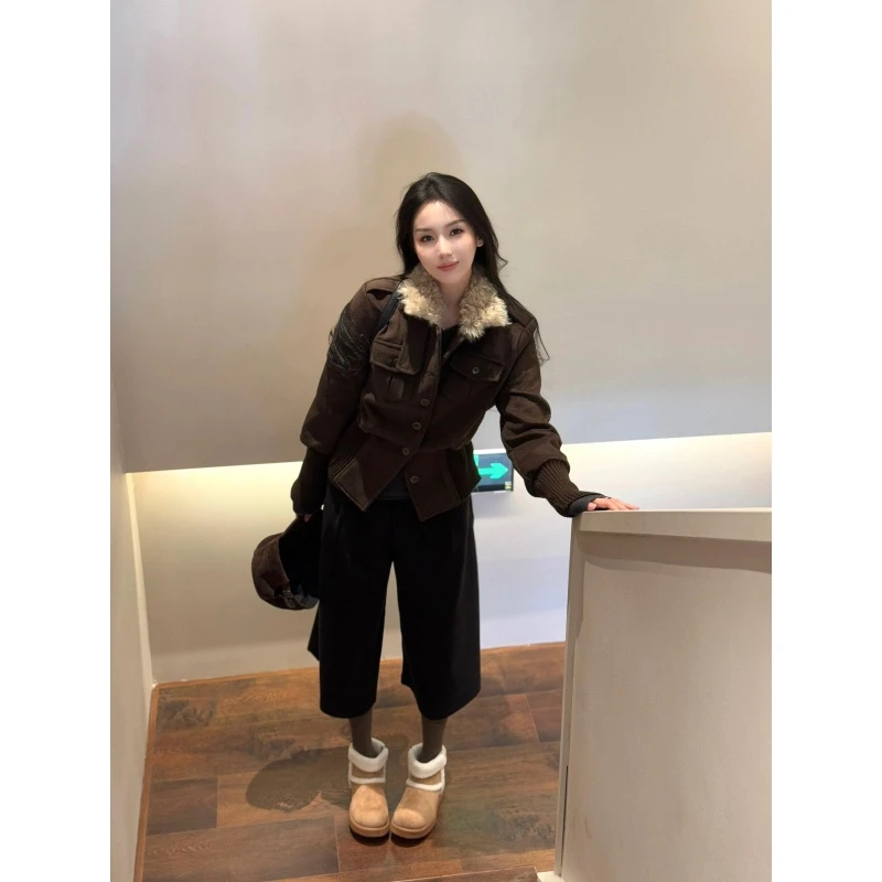 老钱风气质松弛感百搭保暖拼接外套女秋冬宽松休闲显瘦阔腿裤套装