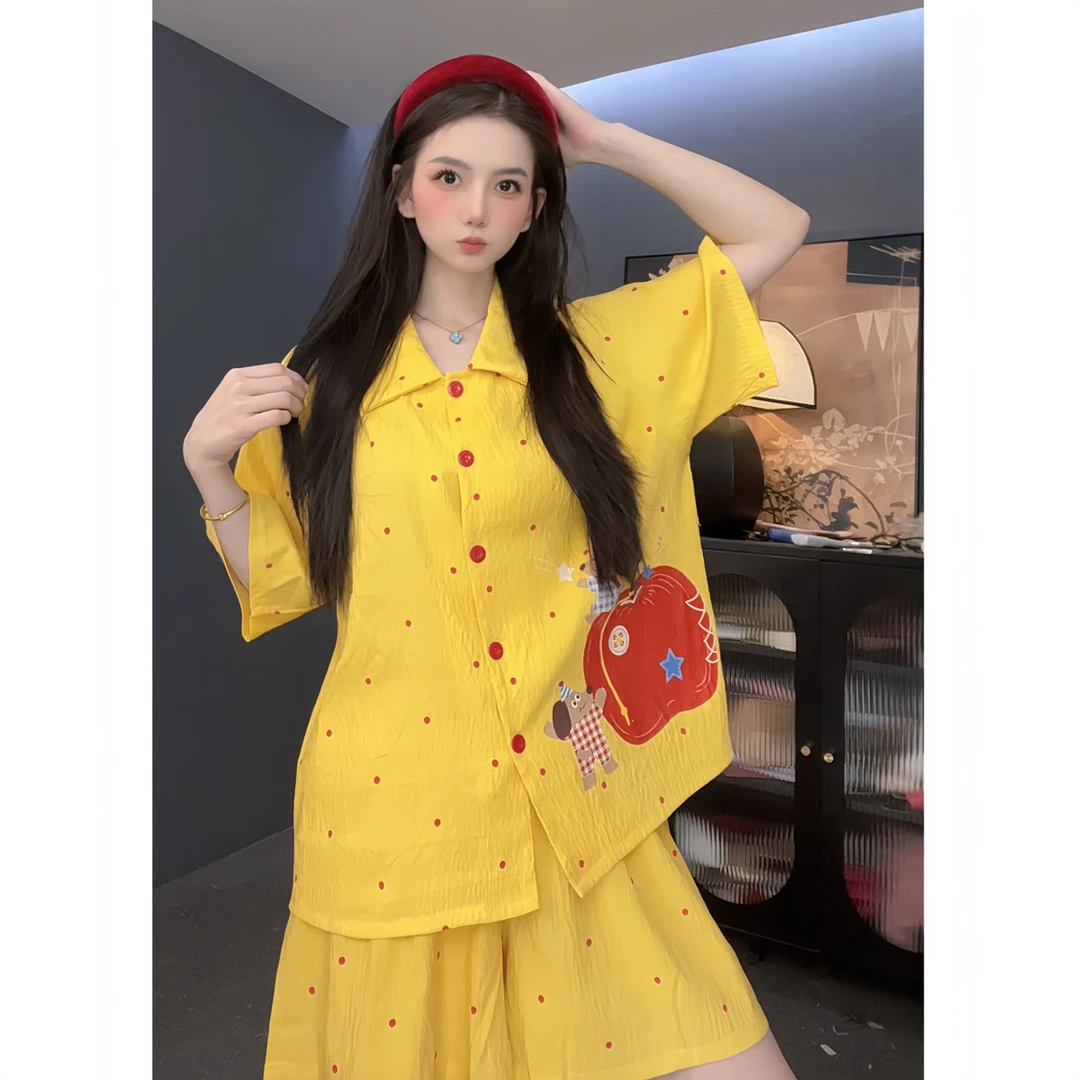 【大苹果】显白黄色波点翻领云朵棉宽松版短袖睡衣小翻领夏家居服