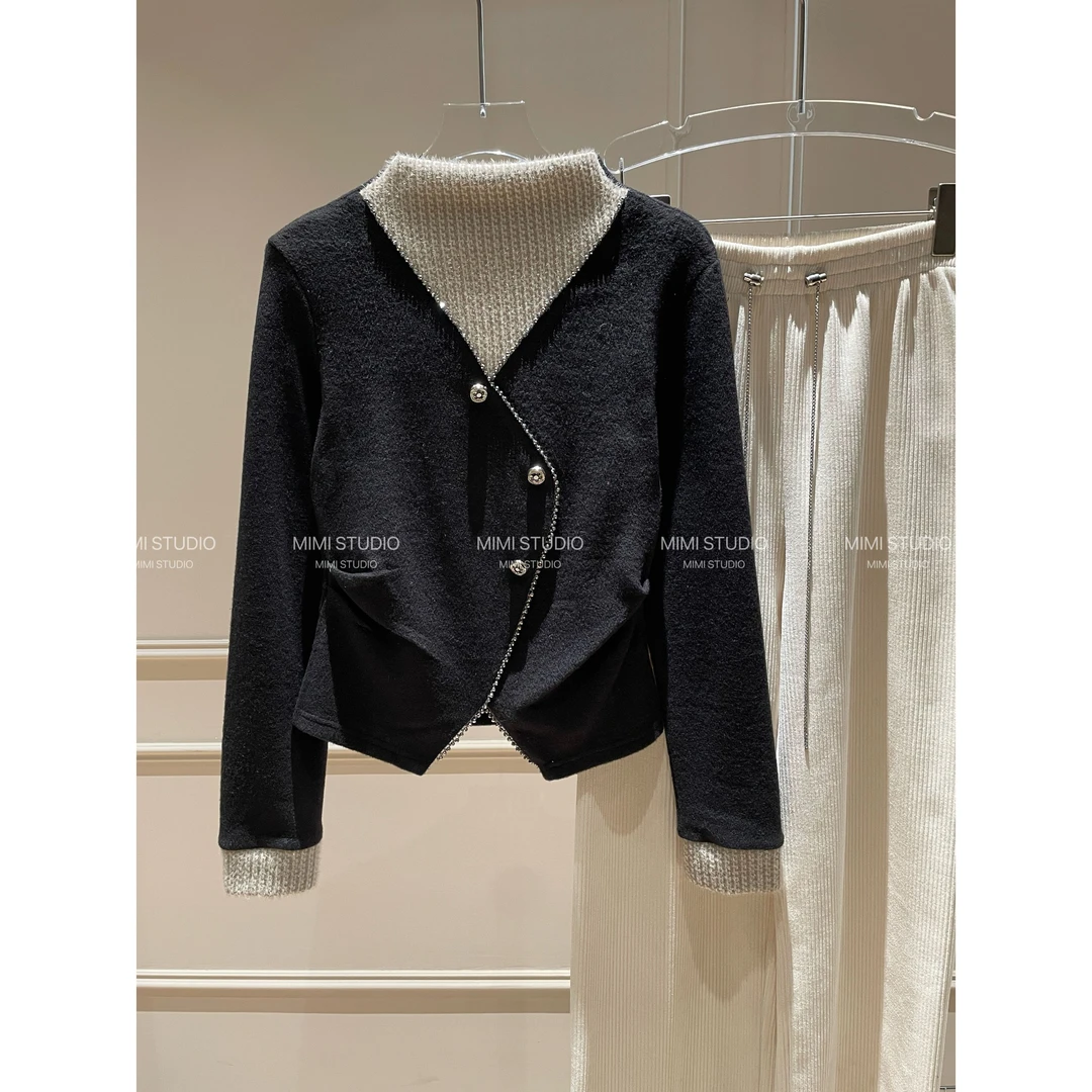 2025冬新款 半高领小香风镶钻不规则长袖内搭女显瘦百搭上衣1146