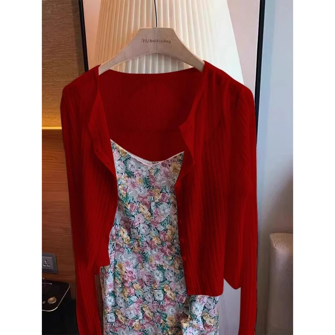 防晒开衫女薄款外搭披肩罩衫夏季新款上衣冰丝红色针织空调衫外套