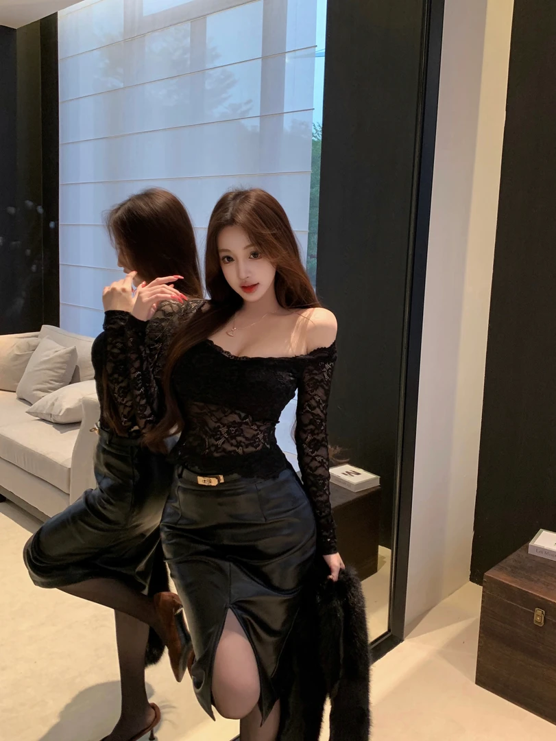 暗黑浪漫 深V露背镂空纯欲风辣妹黑色蕾丝上衣性感开叉PU皮包臀裙