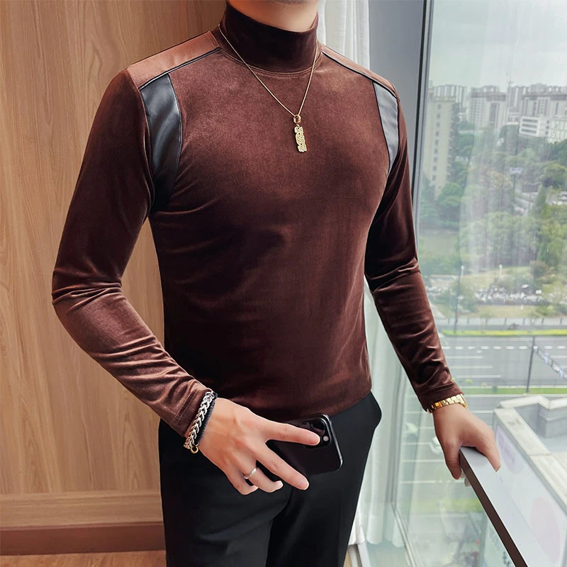 半高领丝绒长袖t恤男款爆款2025新款秋冬时尚设计感拼皮打底衫男