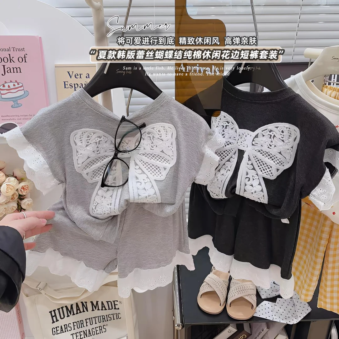 2025夏款韩版中小女童蕾丝蝴蝶结精致休闲风高弹亲肤花边短裤套装