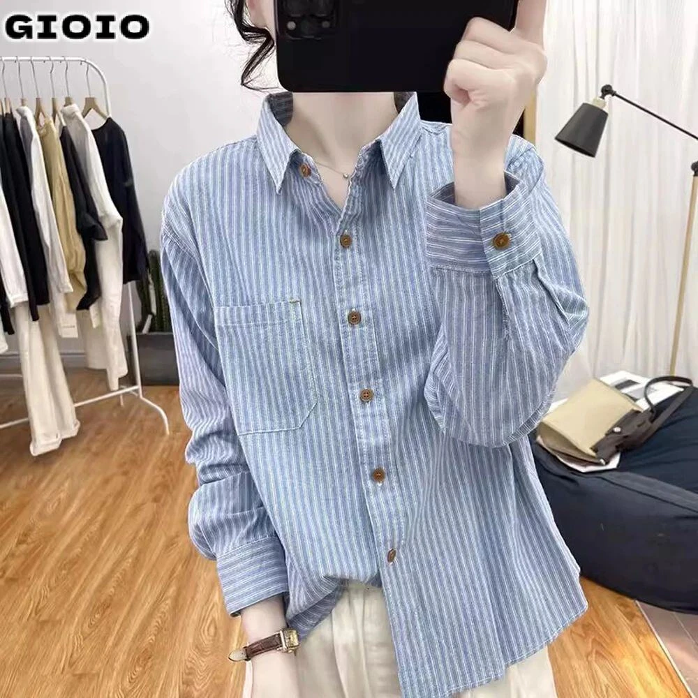 GIOIO早秋时尚条纹长袖衬衫女韩系百搭上衣2025新款polo领休闲衬