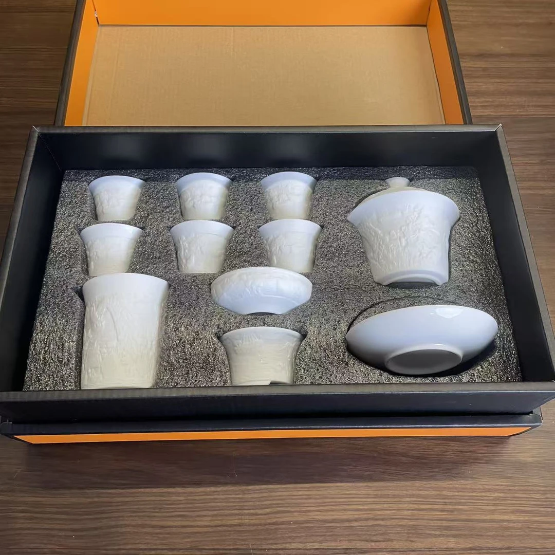 清明上河图功夫茶具套装素烧浮雕白瓷家用泡茶礼品