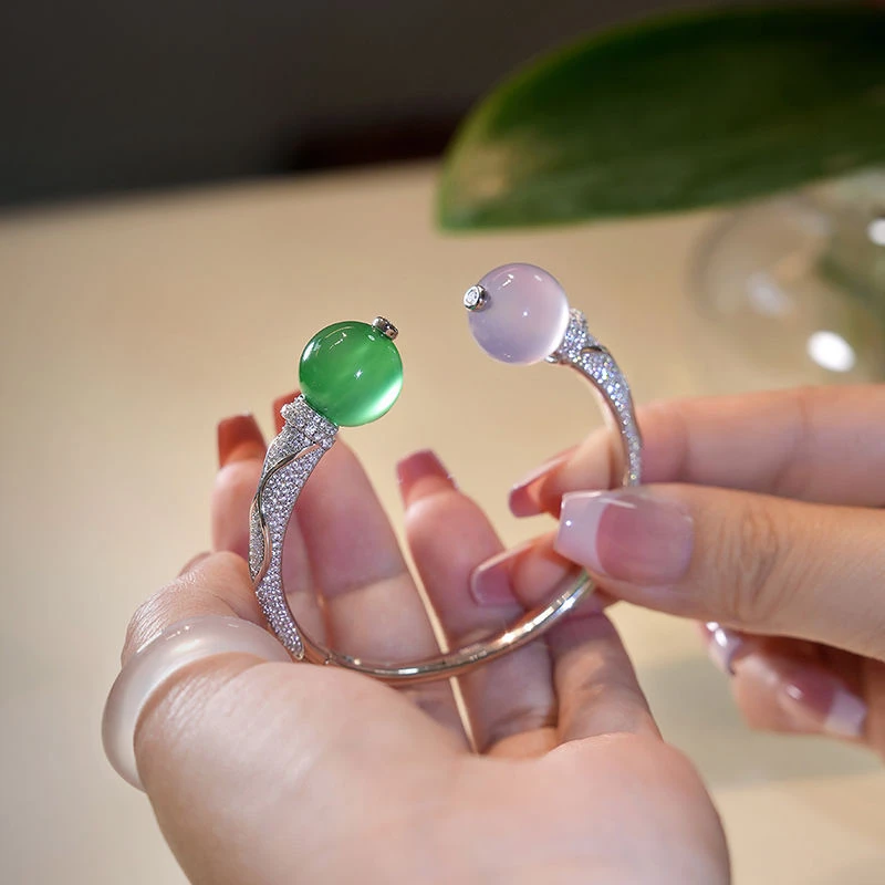 铜合金手镯 国风新中式14mm圆珠手镯高级感紫罗兰开口镯子显白女