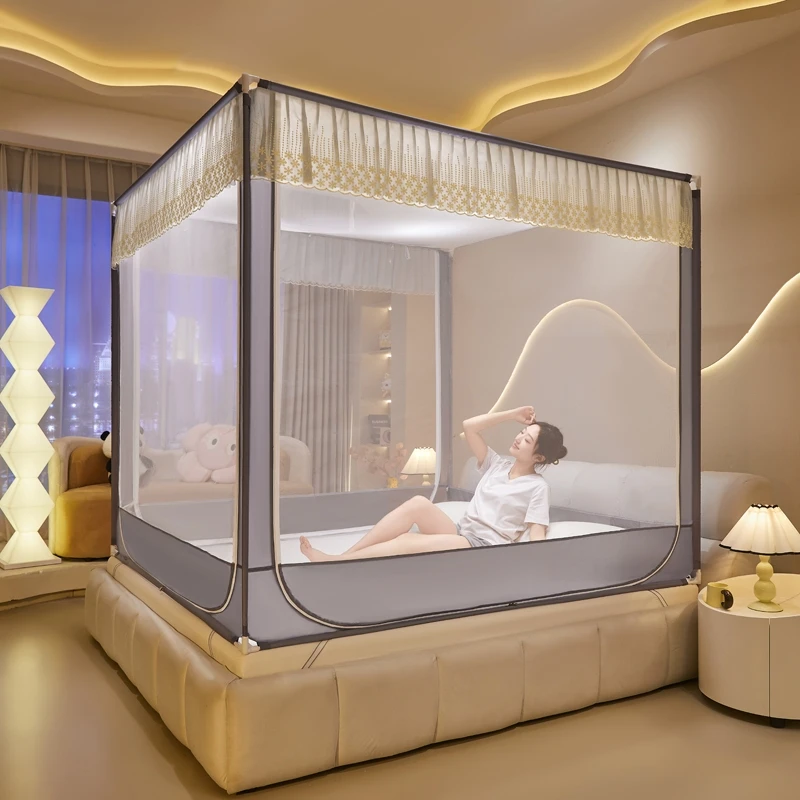 折叠家用卧室防摔加厚防蚊全封闭三开门防尘顶刺绣款流星雨蚊帐优