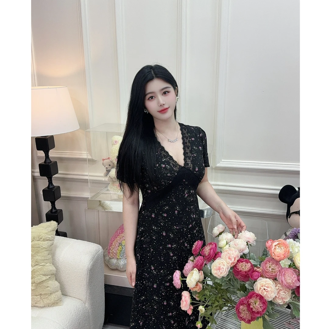 Jasmine 夏季法式V领气质黑色蕾丝雪纺长裙收腰显瘦碎花连衣裙