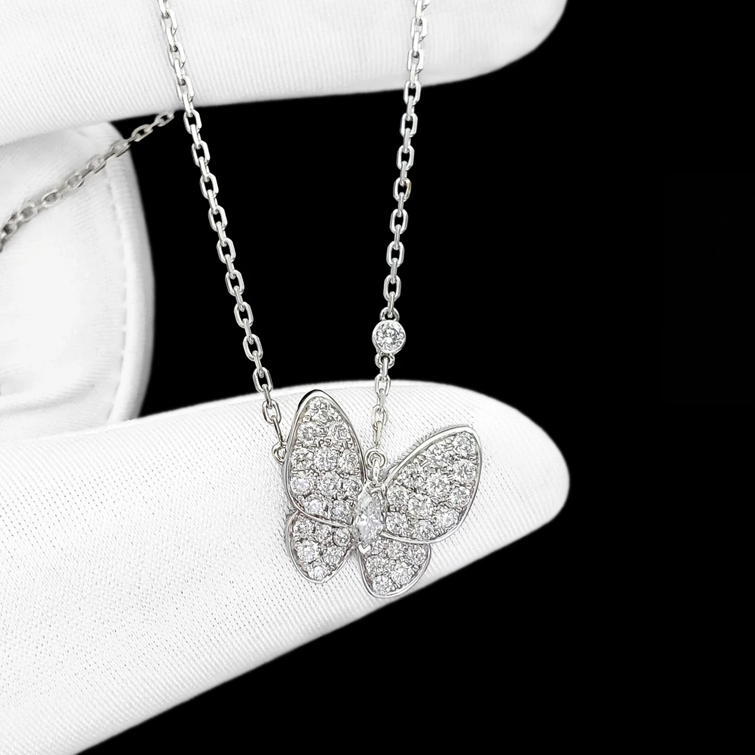 御卿工坊丨Two Butterfly系列18K白金满镶钻石蝴蝶项链