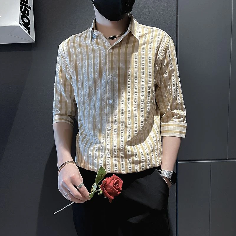 2025夏季格子衬衫五分袖男士时尚条纹潮流休闲设计感百搭男装衬衣