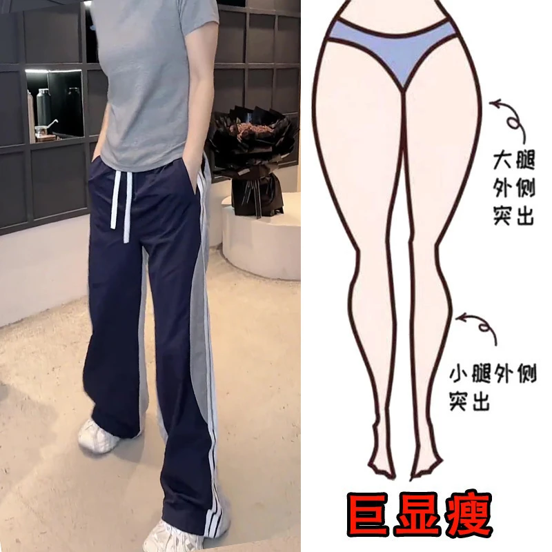 2025秋季款大码女装条纹拼色阔腿运动休闲裤松紧腰宽松显瘦拖地裤