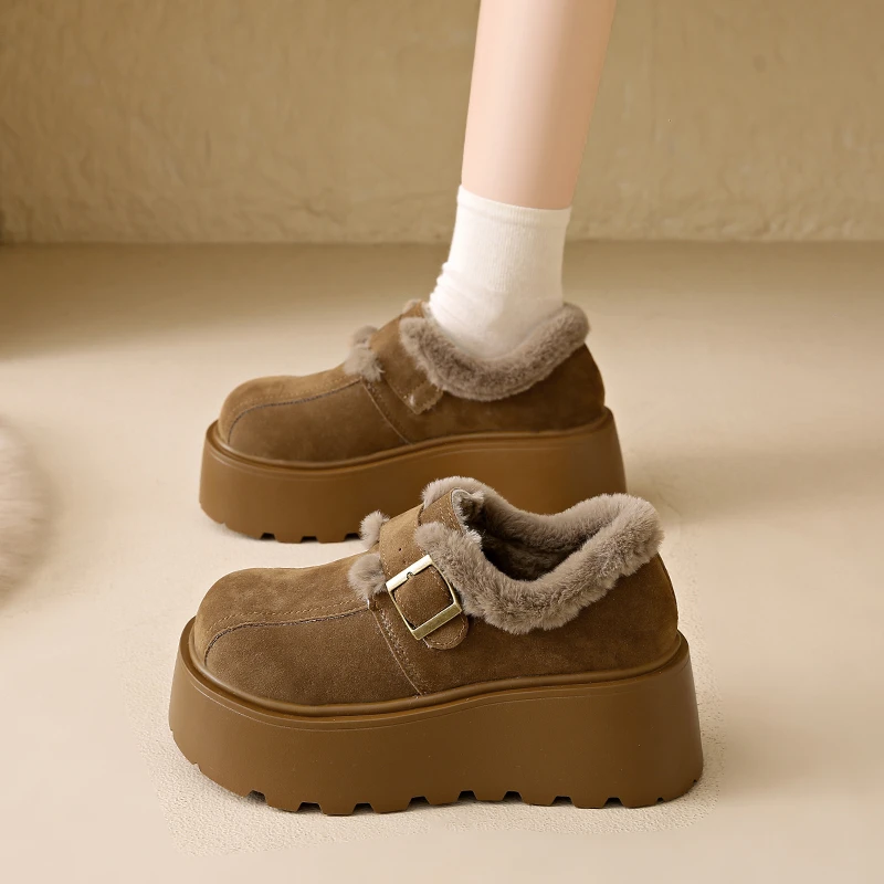 7CM真皮勃肯鞋女韩版百搭厚底加绒加厚休闲英伦风时尚休闲棉鞋女