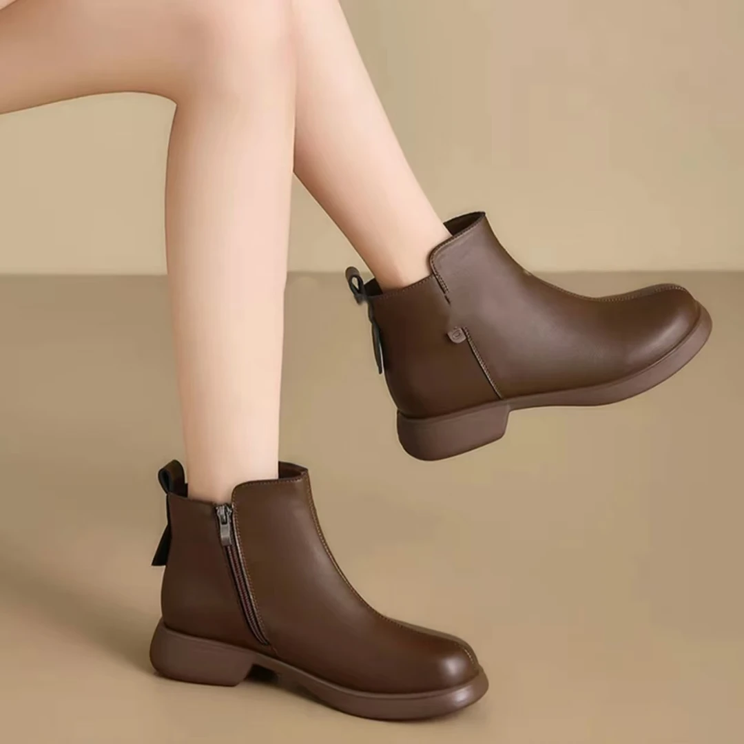 冬季新款防滑平跟百搭皮鞋平底短靴6298