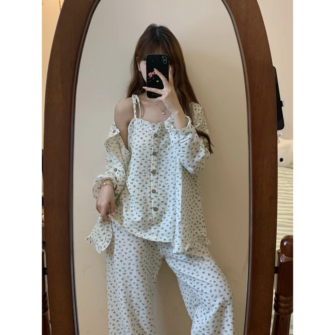 甜美少女小碎花睡衣女2025春秋新款棉纱宽松大码吊带家居秋季睡衣