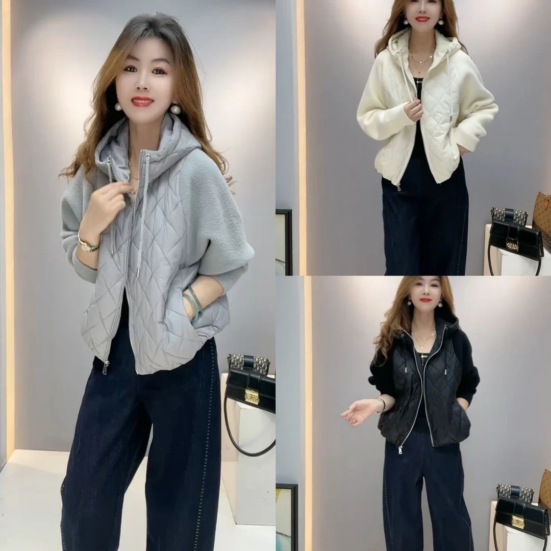 秋冬减龄拼接棉服外套连帽2025女短款二棉时尚百搭修身显瘦休闲