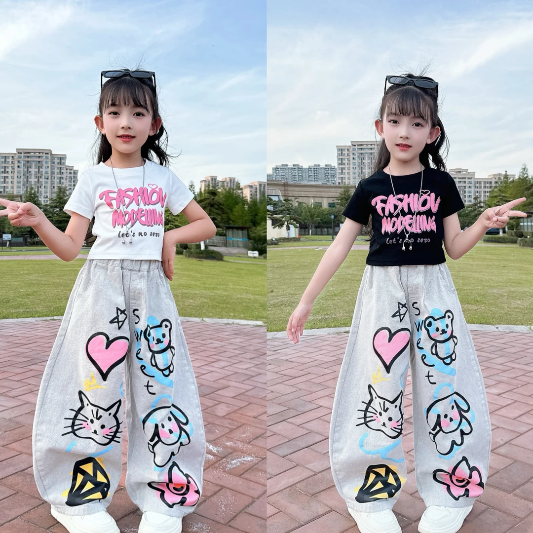 2025新款夏季涂鸦儿童牛仔裤女童时尚宽松弯刀裤韩系辣妹T恤套装