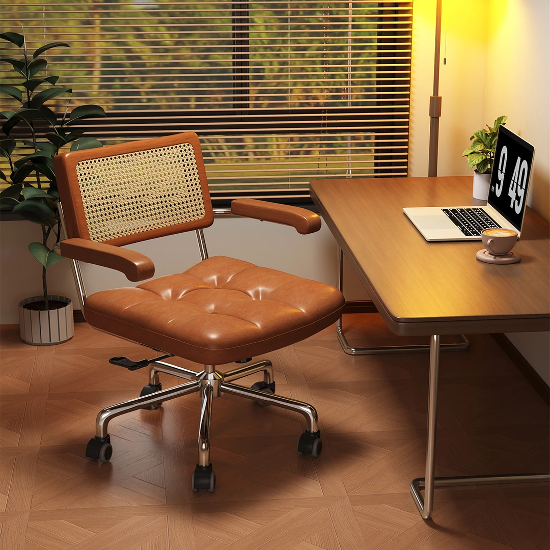 电脑椅家用藤编复古办公椅书房卧室学习书桌椅子靠背餐椅升降转椅