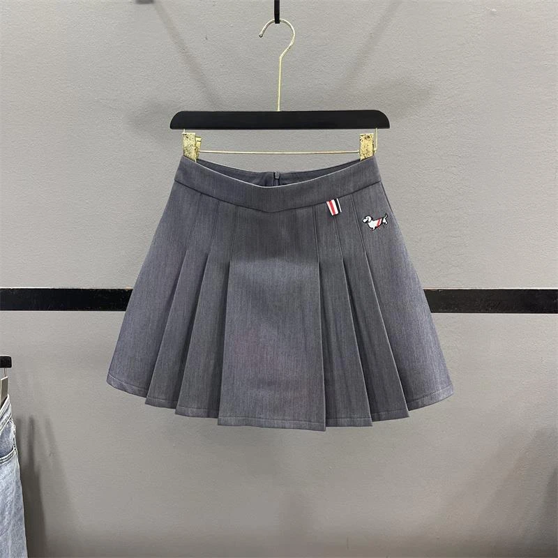灰色刺绣百褶半身裙女2025春夏新款学院风西装裙高腰显瘦A字短裙
