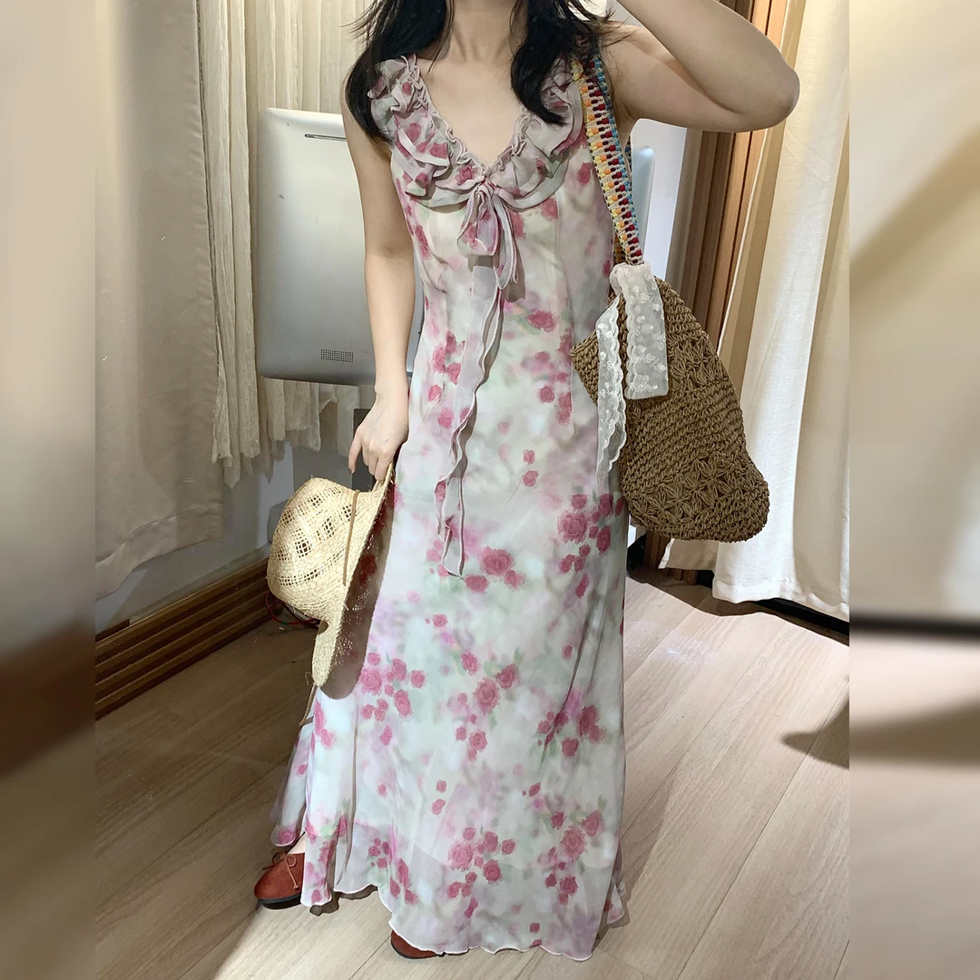4018法式粉色碎花吊带连衣裙子女夏季2025新款度假风气质鱼尾长裙