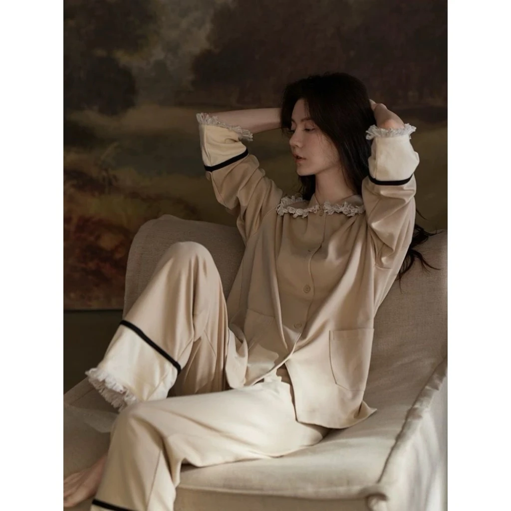 春季新款时尚设计感长袖开衫睡衣女春秋薄款纯色家居服套装可外穿