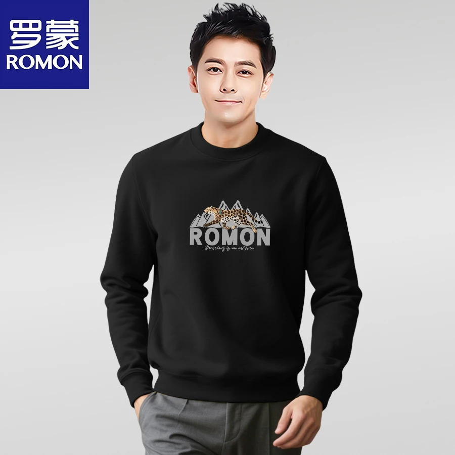 Romon/罗蒙圆领长袖男秋冬打底卫衣新款潮流时尚男士印花上衣加绒