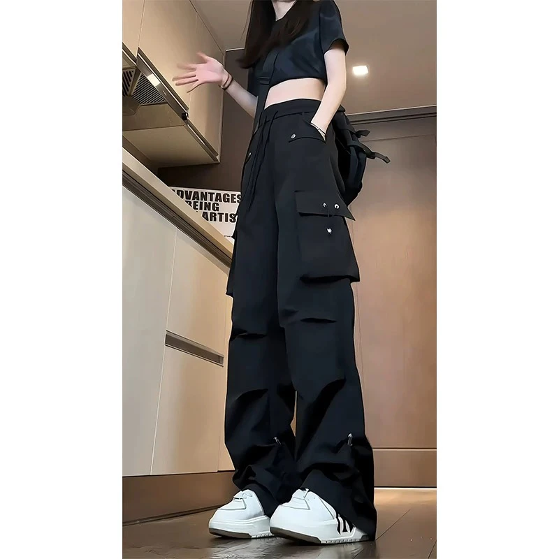 美式休闲裤子男女秋季黑色多口袋工装裤机能风宽松直筒褶皱冲锋裤