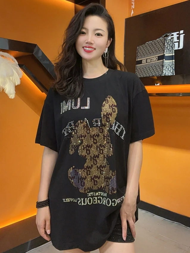 短袖女款爆款2025新款女款尚款洋气休闲百搭重工烫钻纯棉夏季女装