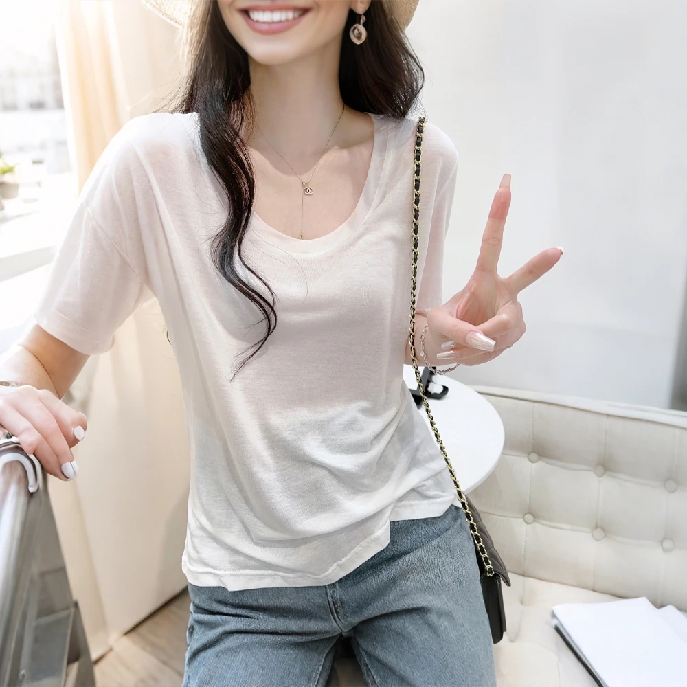 莱赛尔天丝修身短袖圆领面膜T恤夏季女士薄款简约透气百搭上衣潮