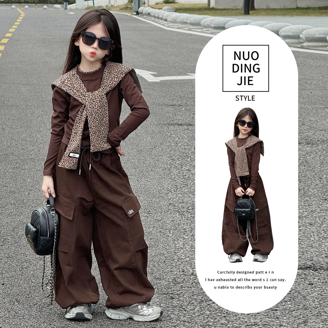 女童2025新款春秋套装女童咖色豹纹披肩打底时尚工装裤洋气潮款