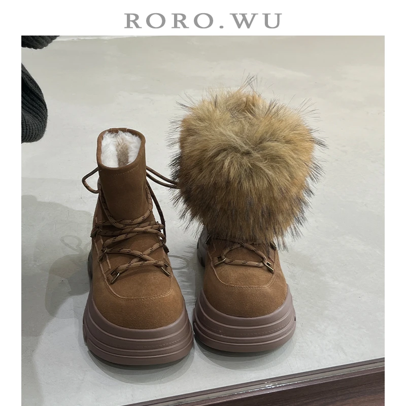 娆娆吴·磨砂牛皮加绒保暖显瘦系带毛毛靴冬季新款厚底雪地靴女F19