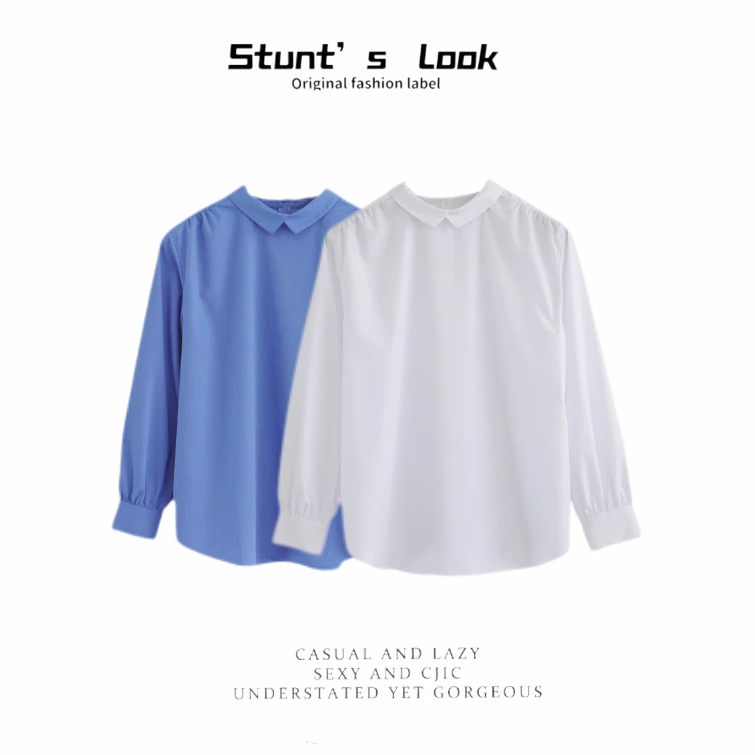 娃娃领竖条捏褶肩袖超细旦混纺免打理衬衫春秋1499