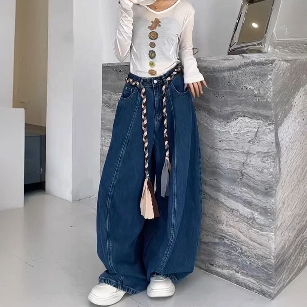 欧版蓝色设计感阔腿牛仔裤女2025秋季新款高腰宽松显瘦灯笼拖地裤