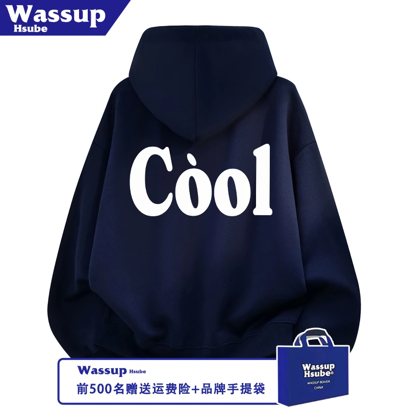 WASSUP HSUBE潮酷字母印花卫衣秋冬男女加绒开衫拉链藏青连帽外套