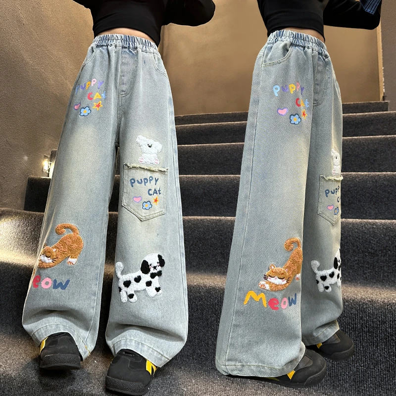 女童裤子春秋款2025新款时髦大童直筒休闲裤儿童秋季牛仔阔腿裤潮