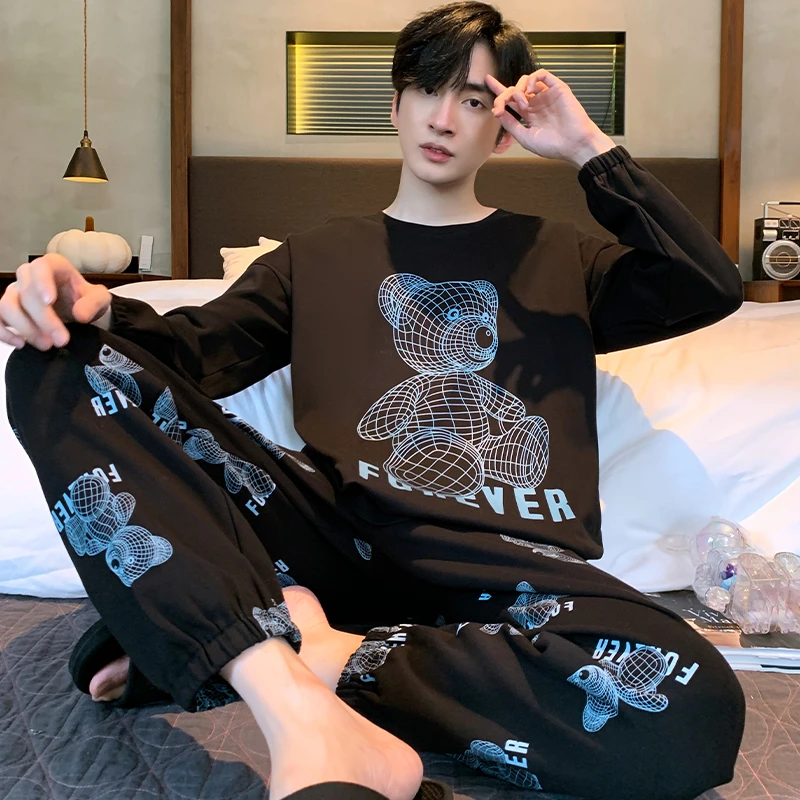 睡衣男款男士春秋款新款纯棉长袖春秋季青少年卡通圆领家居服套装