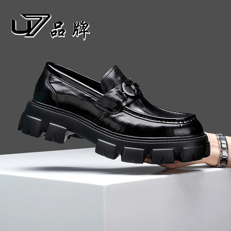 U7正品男鞋厚底增高透气百搭豆豆鞋2024新款真皮男士商务休闲皮鞋