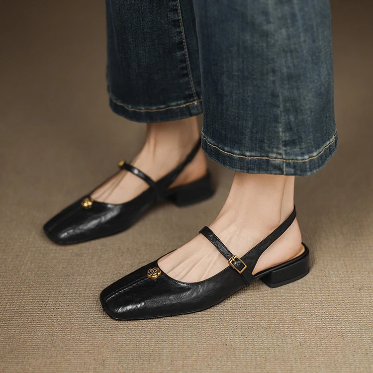 头层羊皮2.5cm～山茶花包头复古舒适玛丽珍女平底方头春夏时装凉鞋