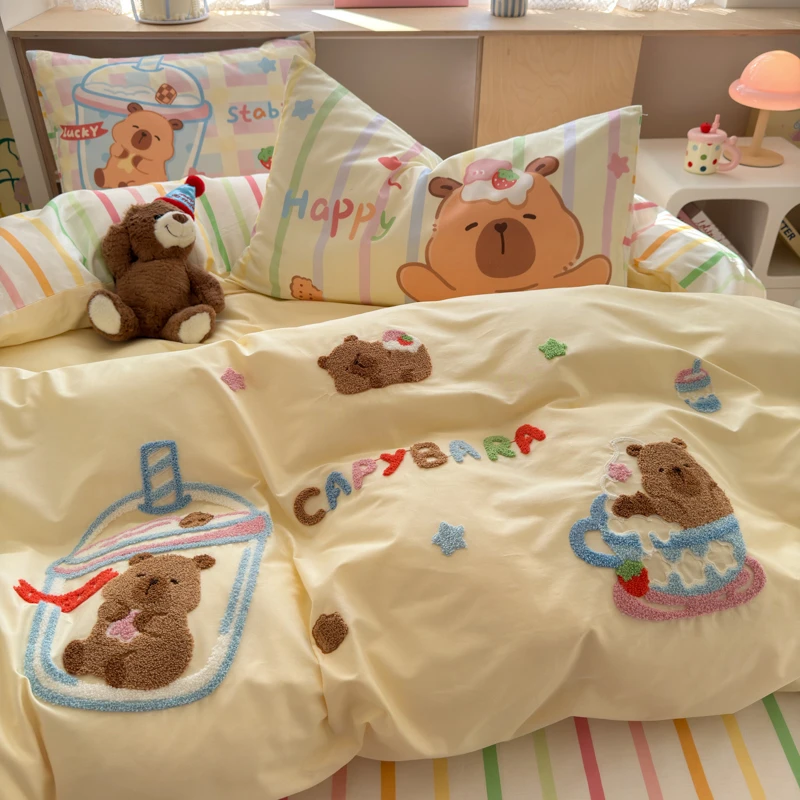卡皮巴拉ins四件套儿童卡通被套床单三件套全棉四件套纯棉毛巾绣
