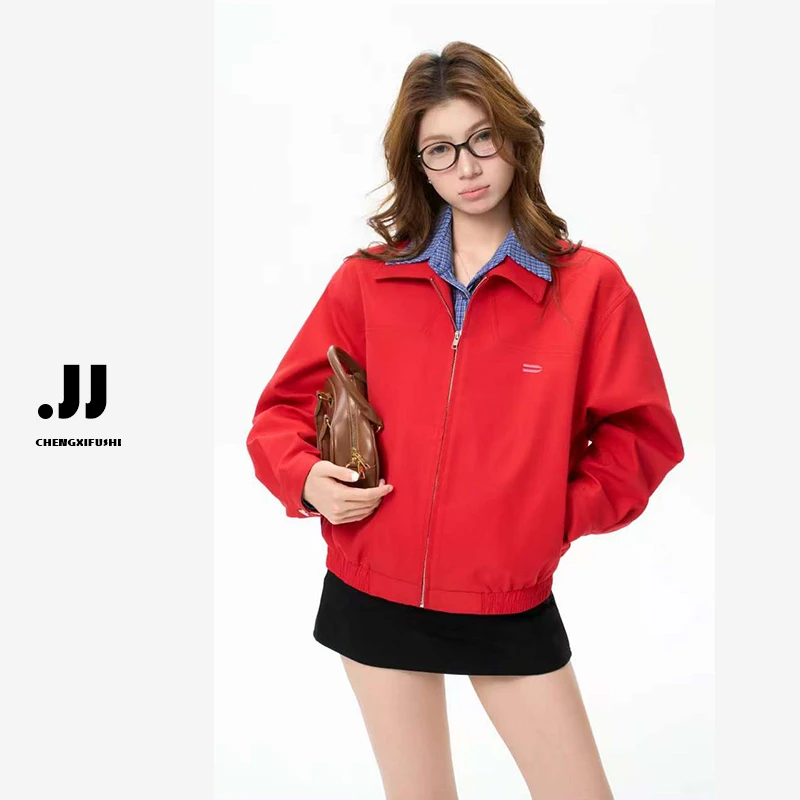 Y3785【纽约日报】秋季潮流红色哈灵顿夹克基础通勤百搭短宽松外套