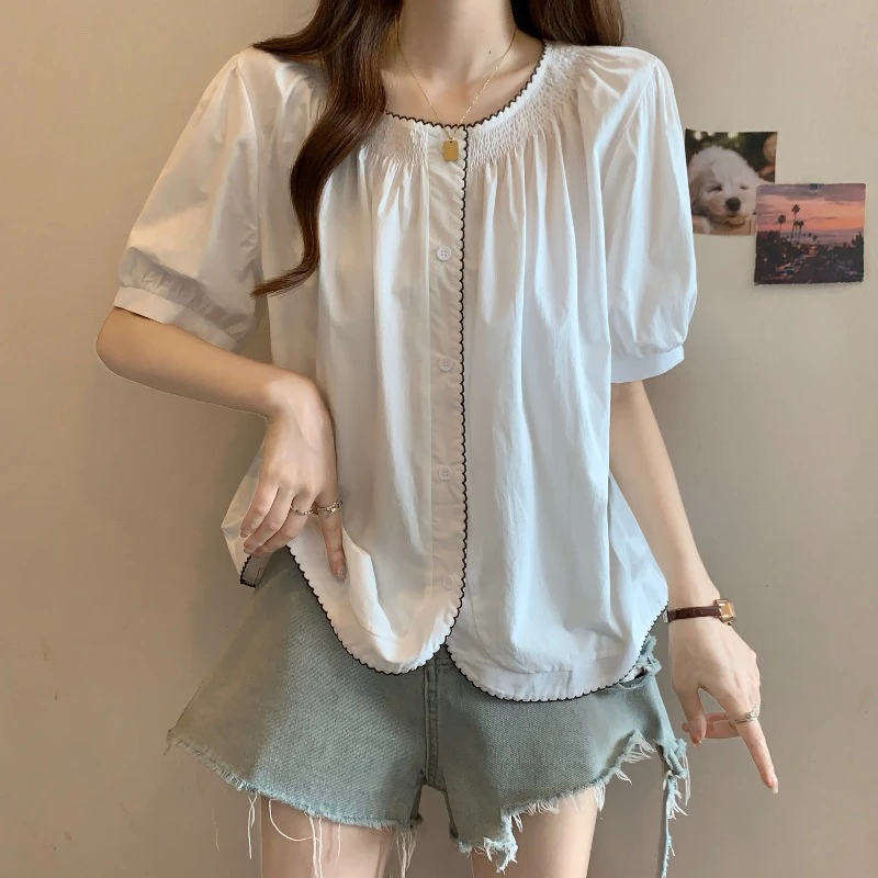 大码法式褶皱白色短袖衬衫女夏季新款微胖MM宽松显瘦洋气减龄上衣