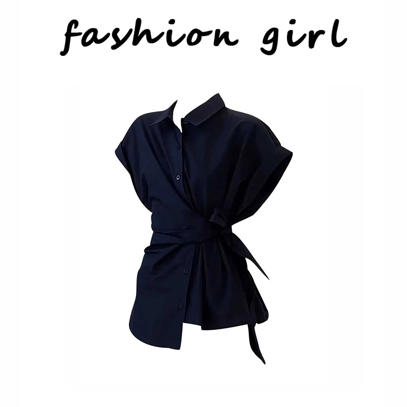 法式黑色系带收腰正肩短袖职业衬衫女夏季2025新款掐腰设计感上衣